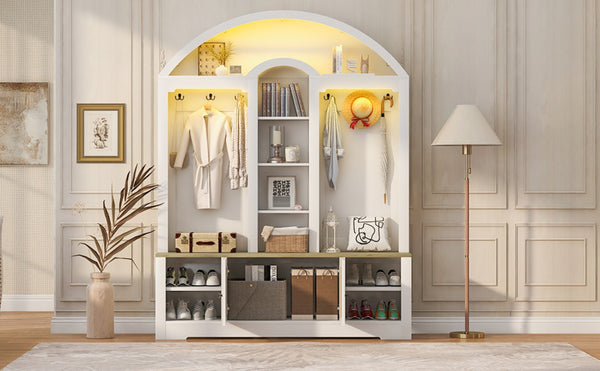 English Elm Multi-functional Hall Tree with Mdf Body Open Shelves Hooks and Scandinavian Two-tone Style White+Walnut SJ000158AAK