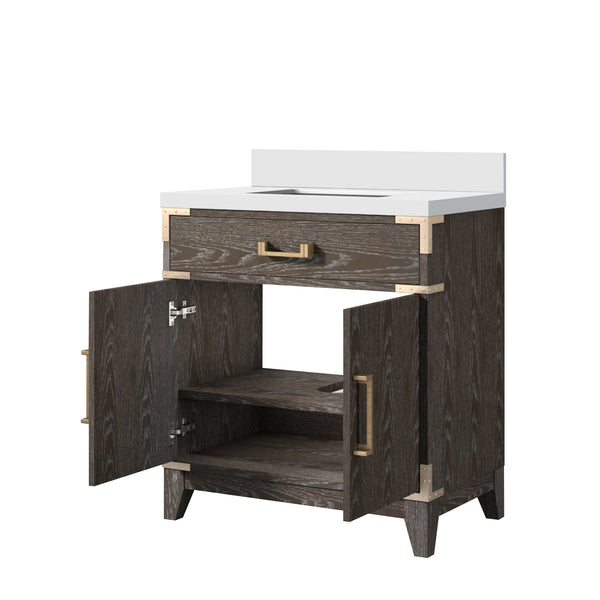 English Elm Brown Oak Single Bath Vanity With White Quartz Top – Stylish, Durable Design & Ample Storage Options B2731P259751
