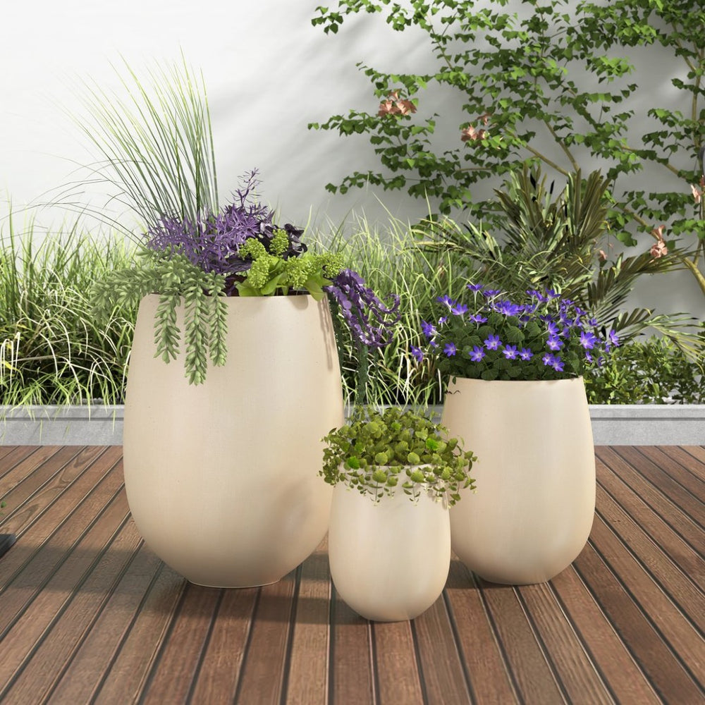 English Elm U_style Mgo Round Planter Set of Three Graduated Sizes for Patio and Indoor Decor N711P406658A