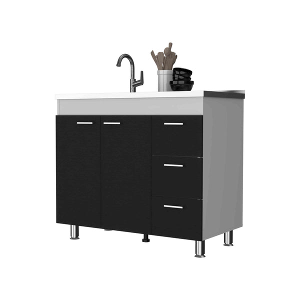 English Elm Darien Multicolor Base Cabinet with Double Doors, Three Drawers, Faucet Hole & Four Legs, 25.7"H B128S00136