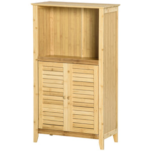 English Elm HOMCOM Bamboo Floor Cabinet Bathroom Organizer Tower with Shelved Storage, Slatted Doors & Elevated Base Natural W2225P216999
