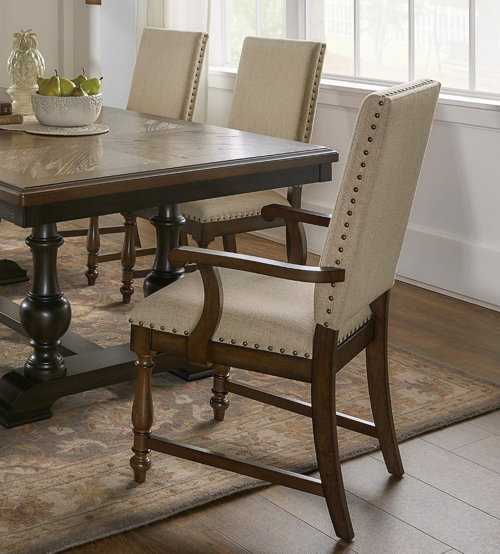 English Elm Traditional Oak Walnut Veneer Extendable Dining Set with Nailhead Upholstered Seating B011S00921