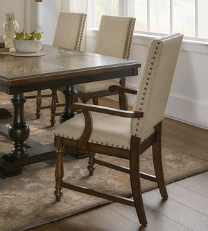 English Elm Traditional Oak Walnut Veneer Extendable Dining Set with Nailhead Upholstered Seating B011S00921