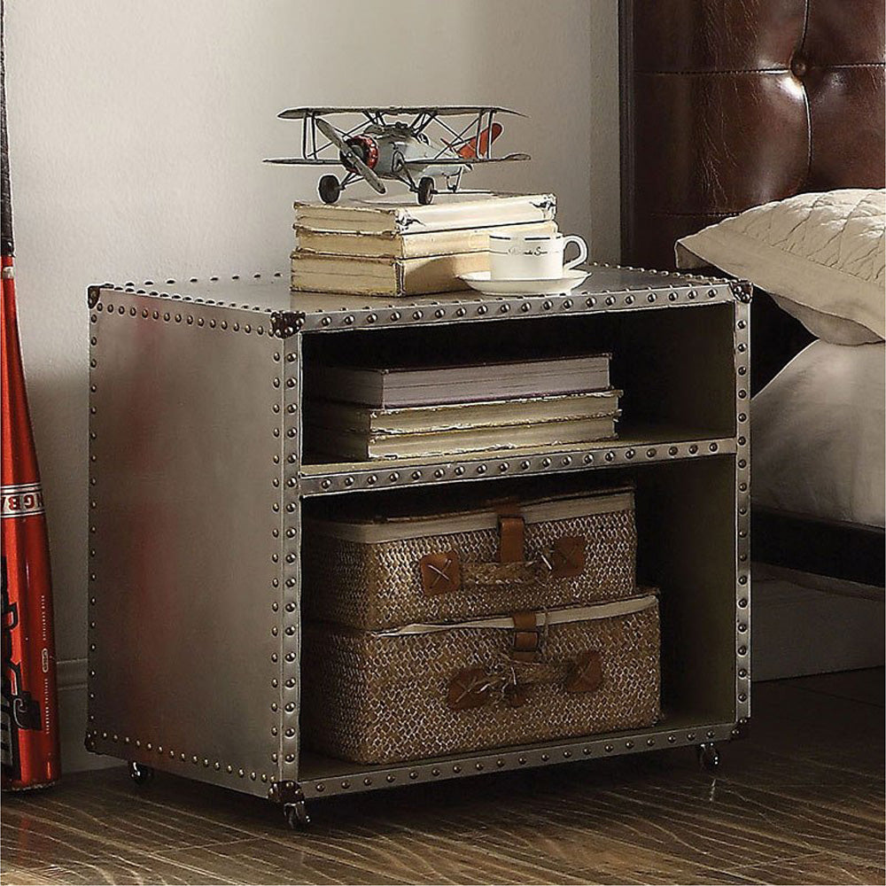 English Elm Aluminum Nightstand with Nailhead Trim, Vintage Industrial Style, Built-In Power Dock & USB Ports B016P253394
