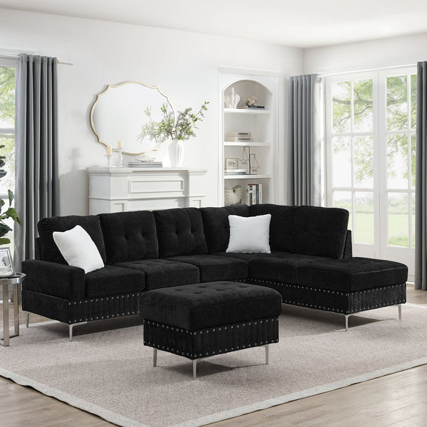 English Elm Sectional L-Shaped Chenille Sofa with Chaise Storage Ottoman, Metal Eucalyptus Frame, 4-Seater Spacious Black W1413S00117