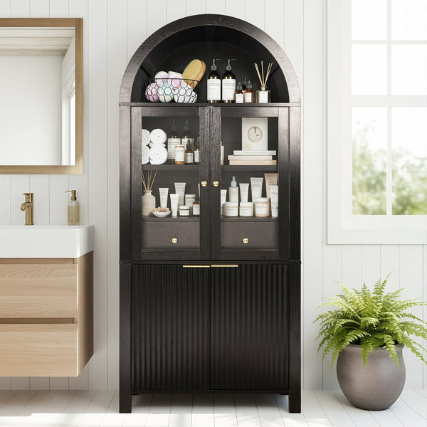 English Elm 71" Fluted Tall Arched Pantry Cabinet with Tempered Glass Door, Adjustable Shelves, Silent Drawer, Anti-Tip Safety and Stylish Metal Handles for Kitchen Living Dining Black W2917P384705
