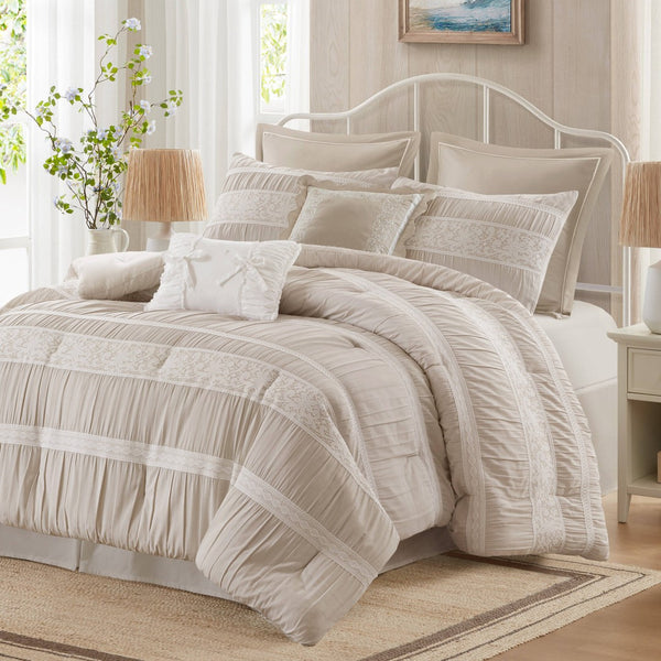 English Elm 7-piece Queen Jacquard Comforter Set Lace Accents Chambray Cottage Farmhouse Bedding Neutral B035P482888