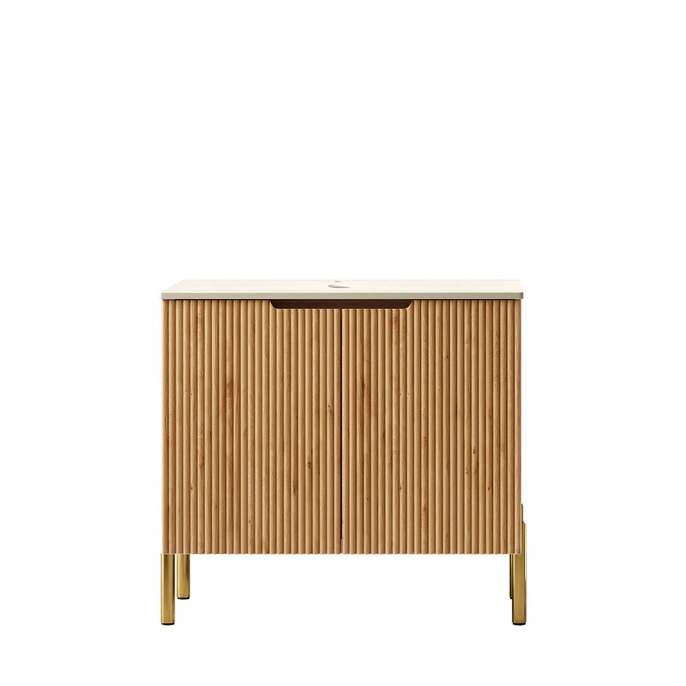 English Elm 30" Freestanding Bathroom Vanity Sintered Stone Travertine Top Woodgrain Cabinet Two Doors W2615P322856