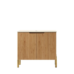 English Elm 30" Freestanding Bathroom Vanity Sintered Stone Travertine Top Woodgrain Cabinet Two Doors W2615P322856