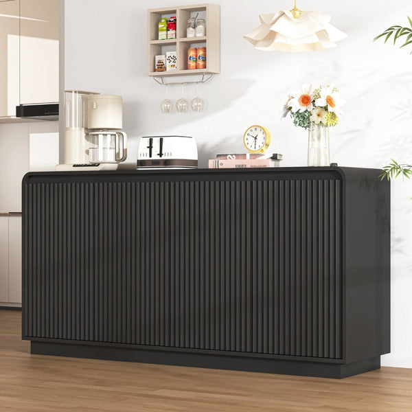 English Elm Black Fluted Wave Door Media Console with Built-in Power Outlet and Adjustable Shelving Black W409P452057