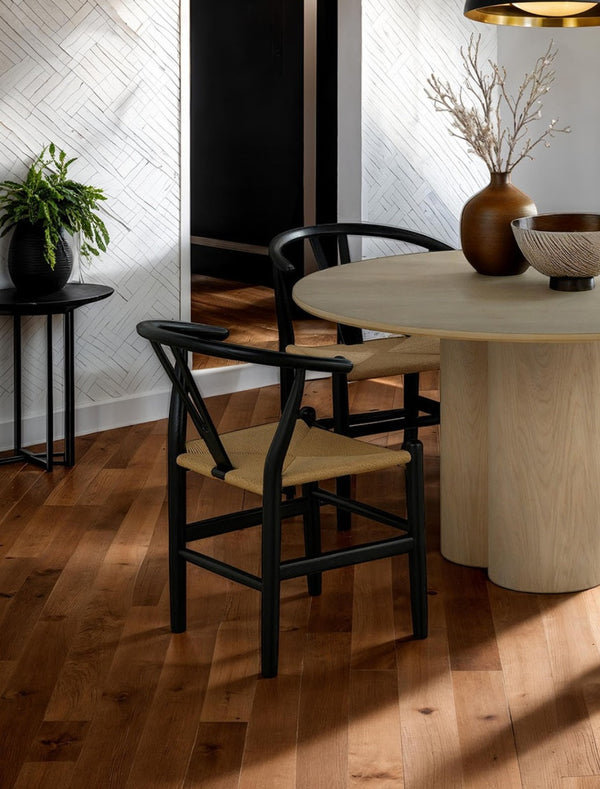 English Elm Black Mid-Century Modern 2pc Side Chairs with Curved Back & Woven Rope Seat Solid Rubberwood Finish B011P312733