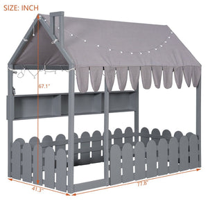 English Elm {slats Are Not Included} Twin Montessori House Floor Bed Kids Tent Lights Shelves Pinewood Frame Gray N708P407962E