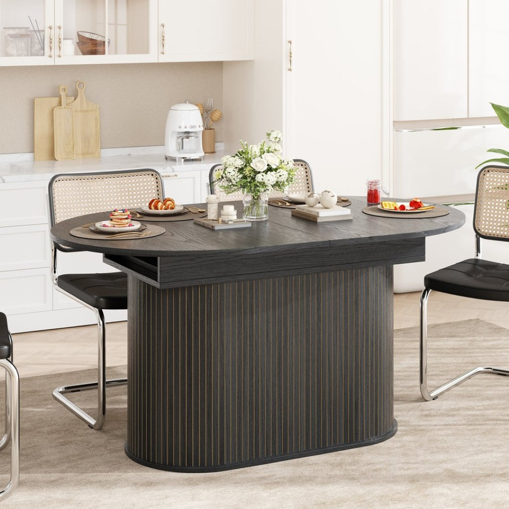 English Elm 55.11"-70.86" Extendable Dining Table with Sculpted Striped Legs Seats Six in Modern Style W757P411742