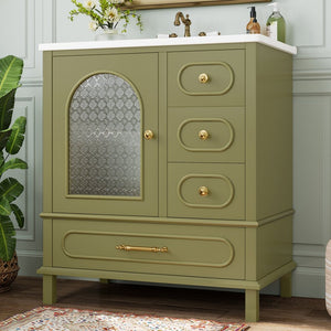 English Elm 30" Freestanding Bathroom Vanity Solid Wood Cabinet Ceramic Basin 3 Drawer Storage Green W1580P382512