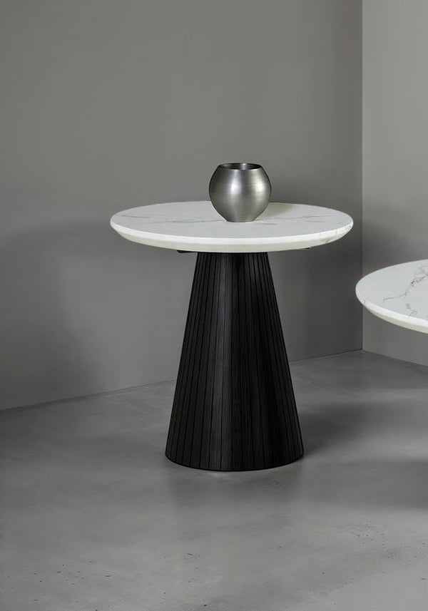 English Elm Contemporary Round End Table With Faux Marble Top And Black Reeded Base – Perfect For Any Living Space! B2741S00617