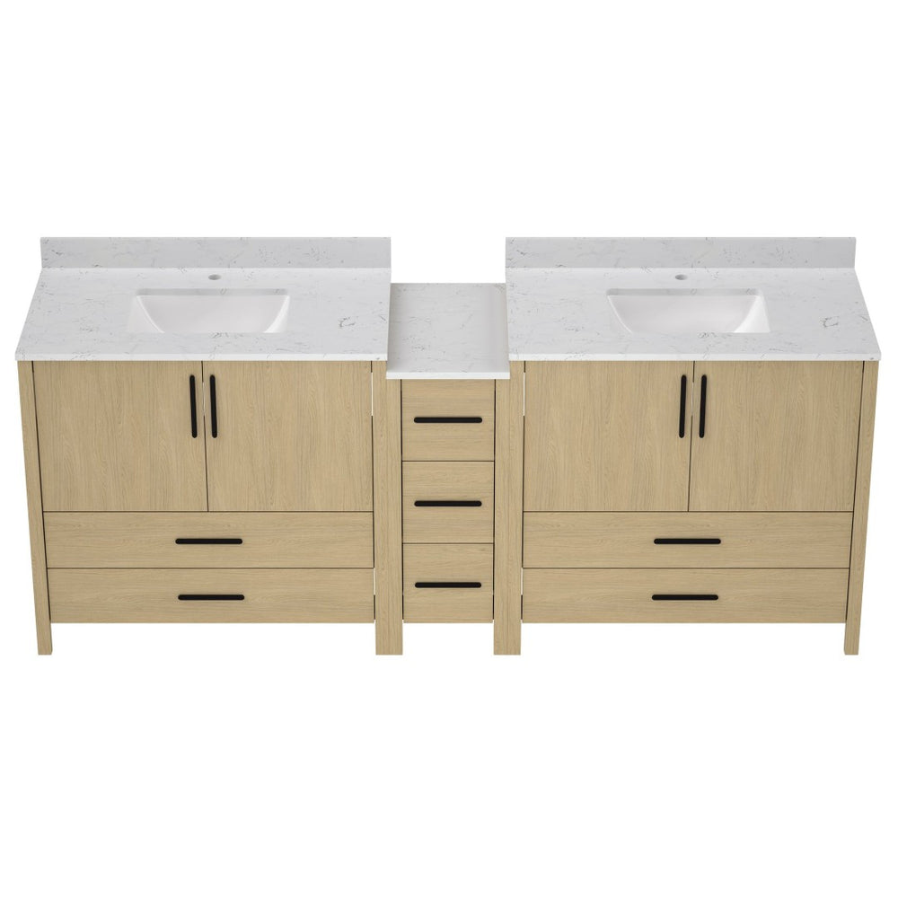 English Elm 108"w×22"d×34"h Freestanding Double Sink Vanity with White Countertop Soft Close T3785S00007