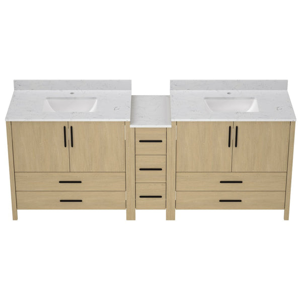 English Elm 108"w×22"d×34"h Freestanding Double Sink Vanity with White Countertop Soft Close T3785S00007