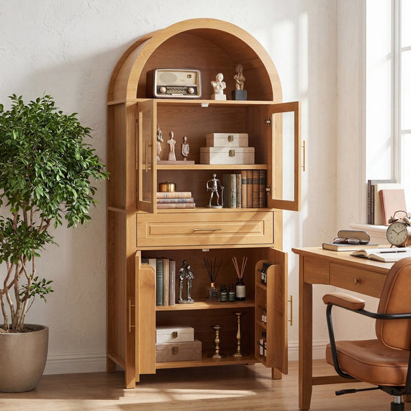 English Elm 71" Arched Glass Barn Door Pantry Cabinet Farmhouse Mdf Storage for Kitchen Dining Oak W2917S00017