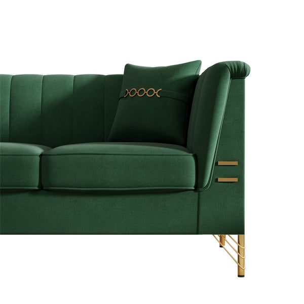 English Elm Fx-P82-Gr3 Modern Velvet Green Chesterfield 3-Seater Sofa With 2 Pillows - Stylish Comfort For Living Room W576S00219