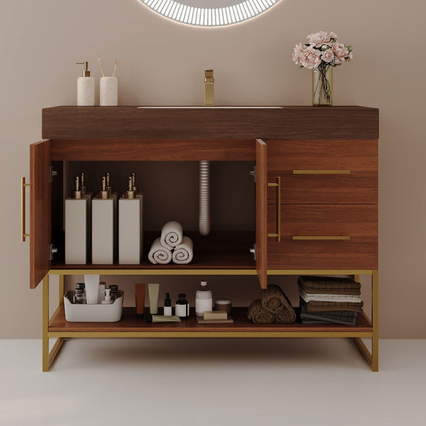 English Elm 36" Freestanding Bathroom Vanity Sintered Stone Top Integrated Basin Gold Hardware W3136S00058