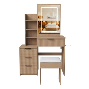 English Elm Modern Makeup Vanity Desk with Led Lighting Four Drawers Mirror and Built-in Power Outlet Walnut W509P465831