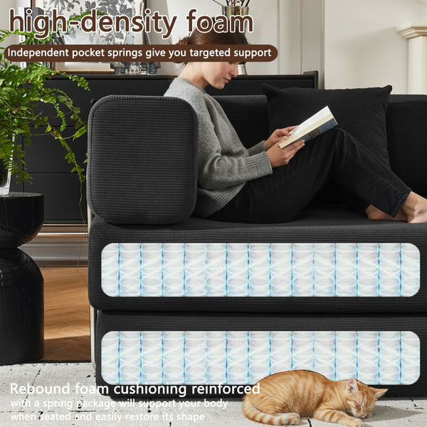 English Elm Convertible Corduroy Floor Sofa with Folding Sleeper and Bolster Pillow for Apartments Black W5638P460678