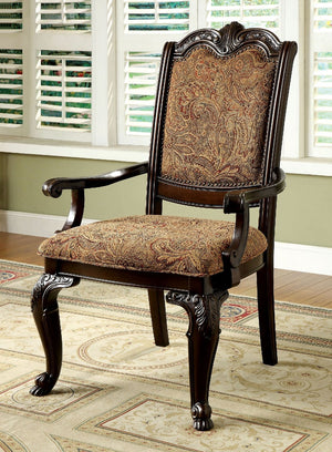 English Elm Formal Brown Cherry Arm Chairs Set of 2 — Solid Wood, Damask Upholstered Seats, Carved Detail, 44"H B011P287533