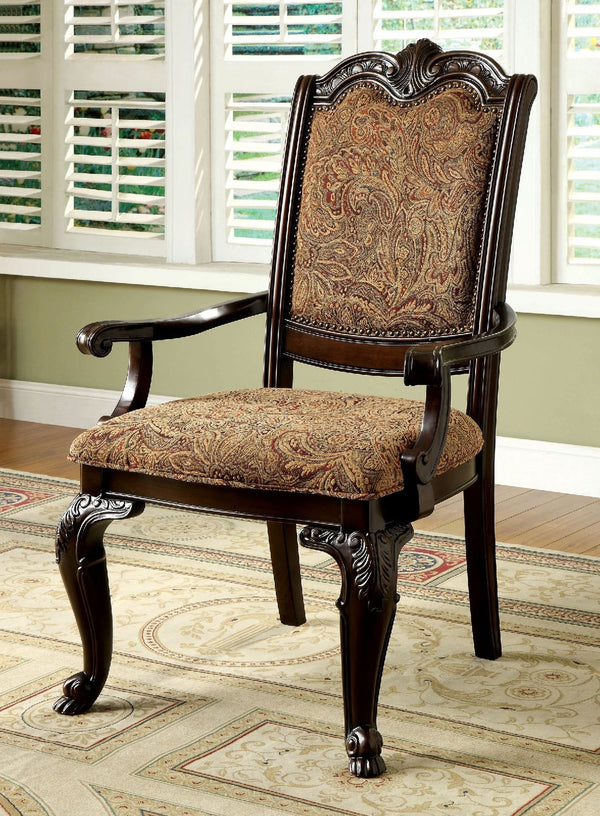 English Elm Formal Brown Cherry Arm Chairs Set of 2 — Solid Wood, Damask Upholstered Seats, Carved Detail, 44"H B011P287533