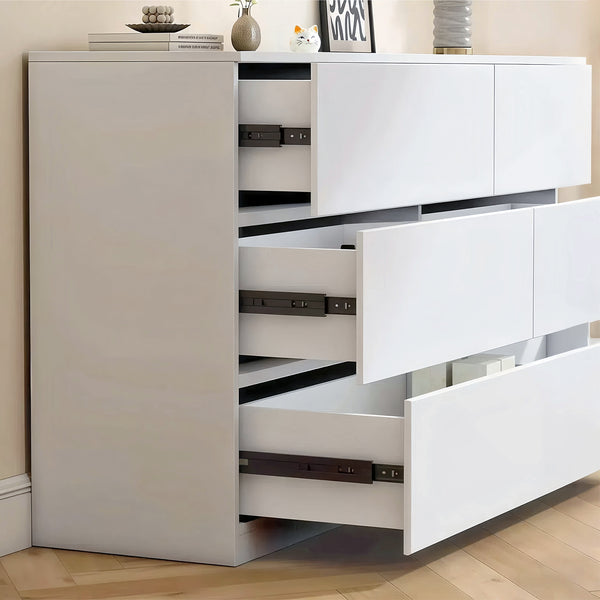 English Elm 6 Drawer Modern Dresser with Concealed Handles, Spacious Top, Durable Wood Storage Cabinet for Bedroom White W3204P318437