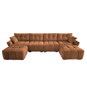 English Elm 4-seater Chenille Sofa Set with Ottomans Solid Wood Frame Tufted Living Room Burnt Orange W714S01668