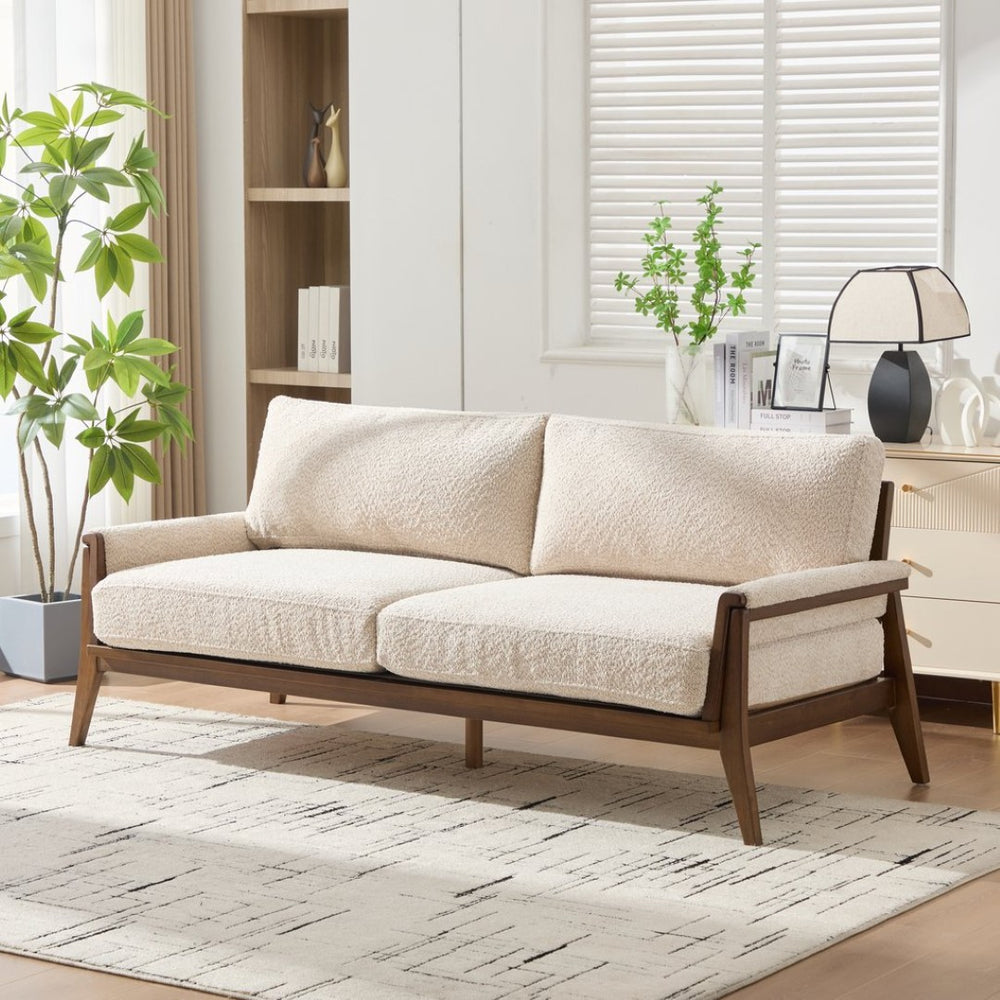 English Elm Mid-century Modern Boucle Upholstered Three Seat Sofa with Walnut Finish Wood Legs Beige N773P411407S
