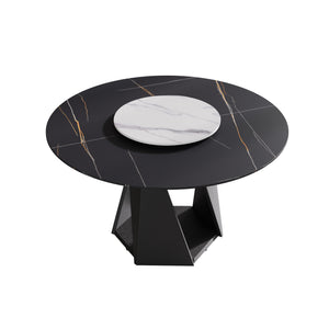 English Elm 53" Round Marble Dining Table With Lazy Susan, Black Iron Base, Seats 6 - Elegant & Durable Design W1535S00400