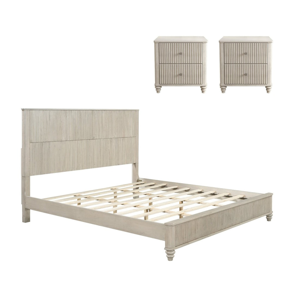 English Elm 3-piece King Bedroom Set Fluted Walnut Brown Rubberwood Bed with Storage Nightstands W1716S00022