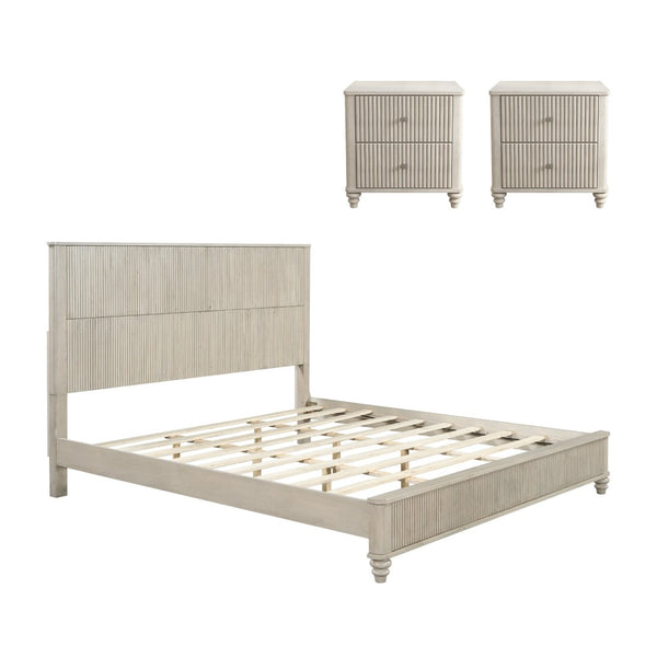 English Elm 3-piece King Bedroom Set Fluted Walnut Brown Rubberwood Bed with Storage Nightstands W1716S00022