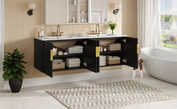 English Elm 60" Vintage Bathroom Vanity with Ceramic Sink Wall-Mount Modern Striped Design Durable MDF Wood Finish Black N710SS00010B