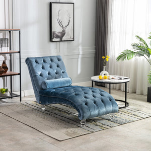 English Elm Velvet Curved Chaise Lounge Sofa with Button-Tufted Upholstery, Plush Foam Seat and Acrylic Legs Light Blue W39538684