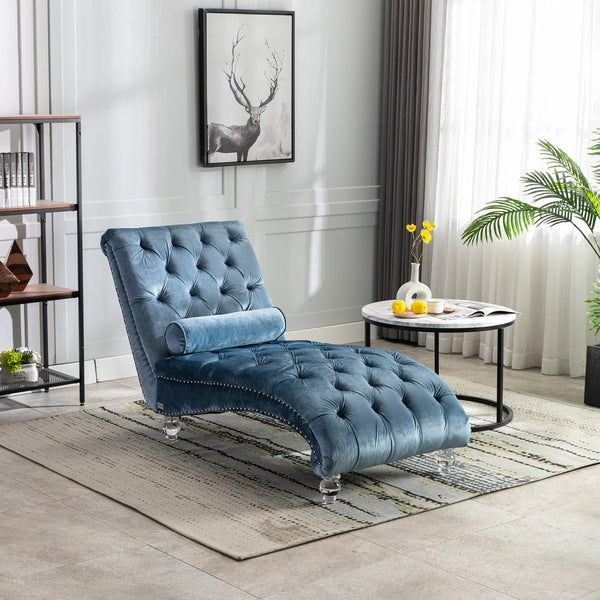 English Elm Velvet Curved Chaise Lounge Sofa with Button-Tufted Upholstery, Plush Foam Seat and Acrylic Legs Light Blue W39538684