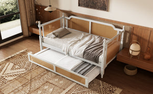 English Elm Traditional Rattan Headboard Twin Daybed Pine Frame with Under Bed Storage Drawers BS701P193261K