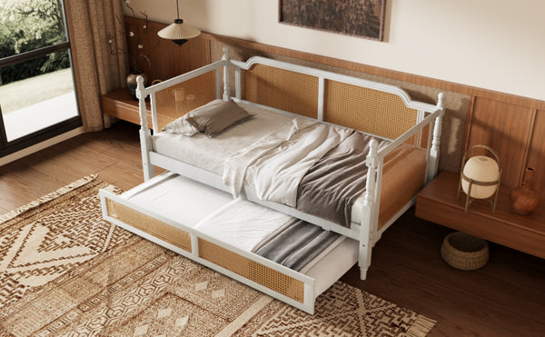 English Elm Traditional Rattan Headboard Twin Daybed Pine Frame with Under Bed Storage Drawers BS701P193261K