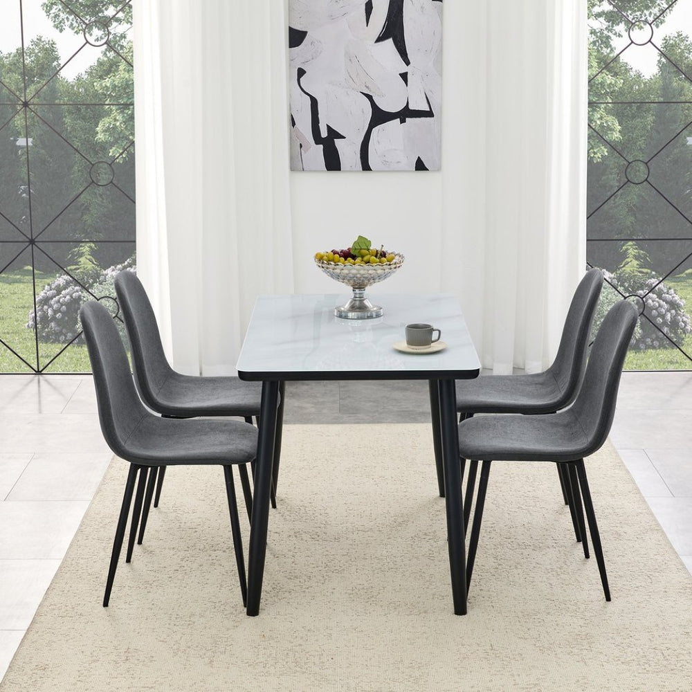 English Elm Table and Chair Set Modern Marble Glass Top with Four Linen Dining Seats W1151S04666