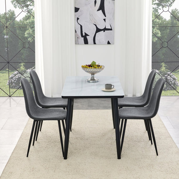 English Elm Table and Chair Set Modern Marble Glass Top with Four Linen Dining Seats W1151S04666