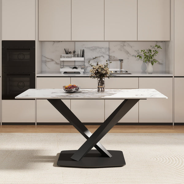 English Elm 63" Modern Sintered Stone Dining Table with Durable X-Leg Iron Base, Seats 6, 400 lb Capacity Antique White,Black W1535S00533