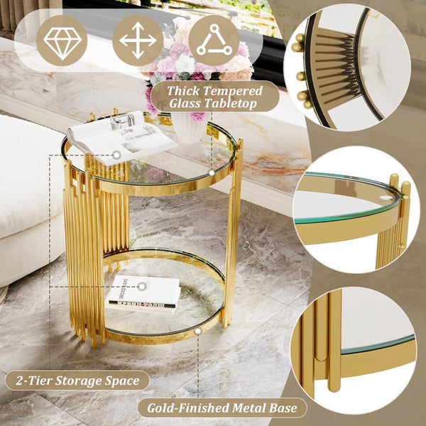 English Elm Modern Round Mirrored Glass End Table with Gold Metal Frame and Lower Display Shelf Transparent N735P380092K