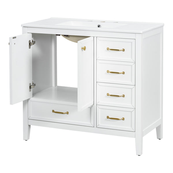 English Elm Christopher Knight Home® - 36" Vintage-inspired Bathroom Vanity with Ceramic Sink, Solid Wood Frame, Soft-Close Drawers, Spacious Storage White N759P293646K