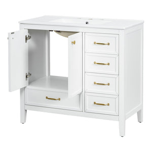 English Elm 36" Solid Pine Bathroom Vanity with Ceramic Sink 4 Soft Close Drawers Vintage Style White N759S293646K