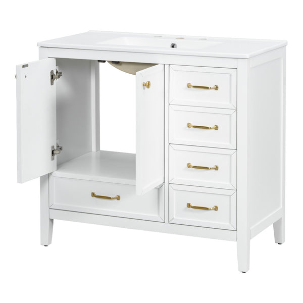 English Elm 36" Solid Pine Bathroom Vanity with Ceramic Sink 4 Soft Close Drawers Vintage Style White N759S293646K