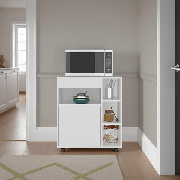 English Elm Kaito White Kitchen Cart with Open Shelving Cabinet Storage and Caster Mobility B200P474235