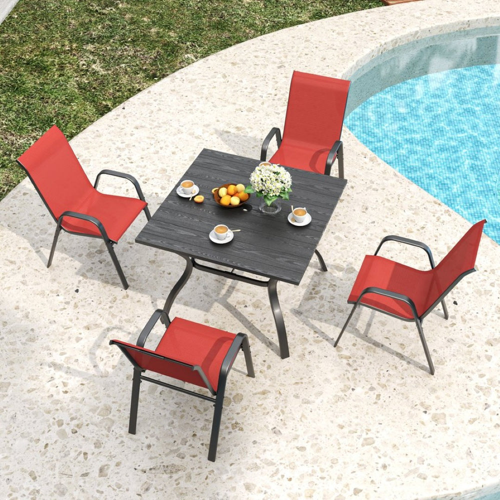 English Elm 5-piece Outdoor Dining Set Wood Grain Table Stackable Chairs Uv Resistant Patio Black+Red W3979S00034