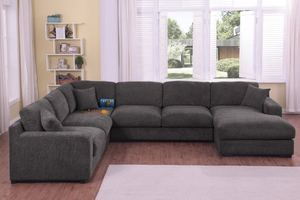 English Elm Chiara Chenille Corner Sectional with Chaise Cupholders Charging Ports for Living Room Gray B2749S00116