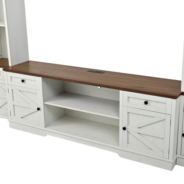 English Elm U-can Farmhouse Wall Unit with Barn Doors Built-in Power Outlets and Open Shelving White+Walnut SJ000154AAK